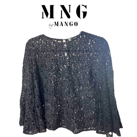 MNG Black Scalloped Lace Bell Sleeve Blouse, Feminine, Whimsy Goth Cocktails 4 - Picture 1 of 7